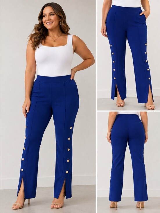 Pants - Royal Blue Gold Button Split Hem Pants Women’s XL Stretch Pull On Statement Trou